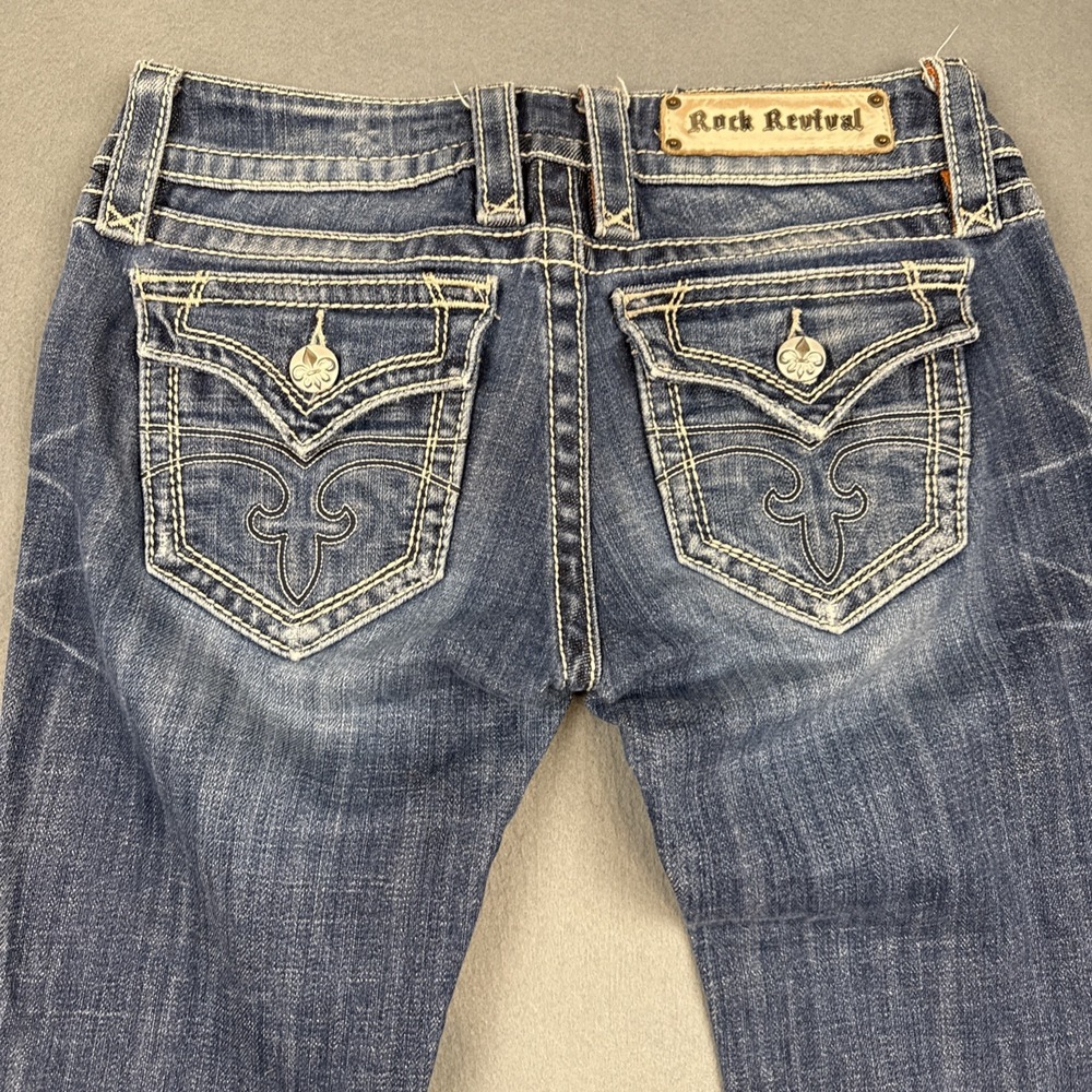 ROCK REVIVAL JEANS WOMENS 27/32 Celine SKINNY Studs Flap THICK STITCH WHISKERING
